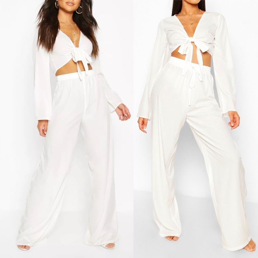 High Waist Wide Leg Drawstring Pants and Crop Tie Bell Sleeve Top Coord Set